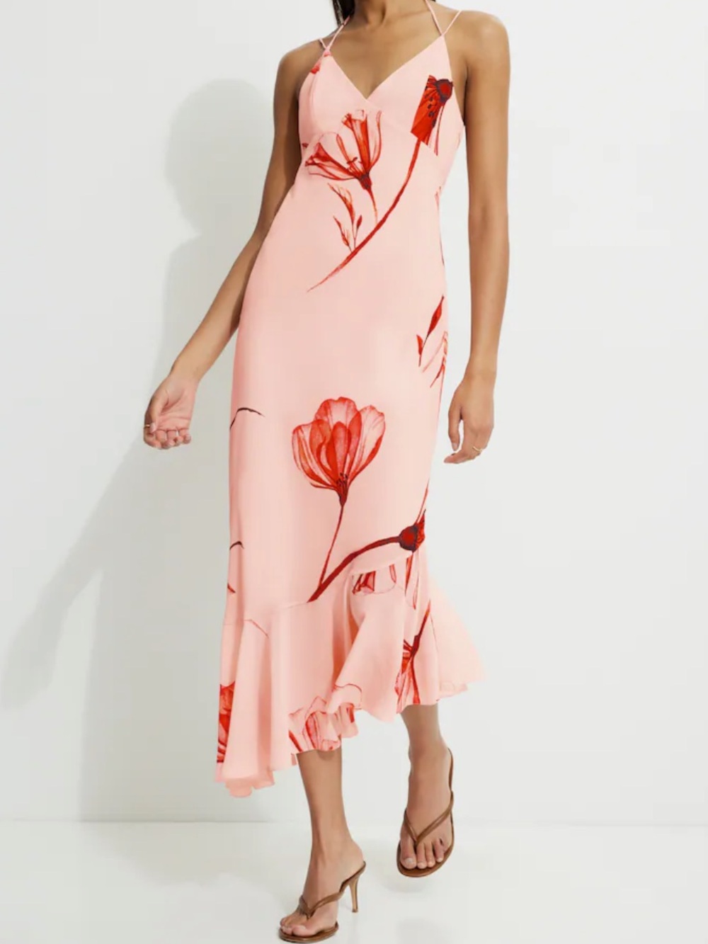 Dynamite Pink Slip Midi Dress with Red Floral Print